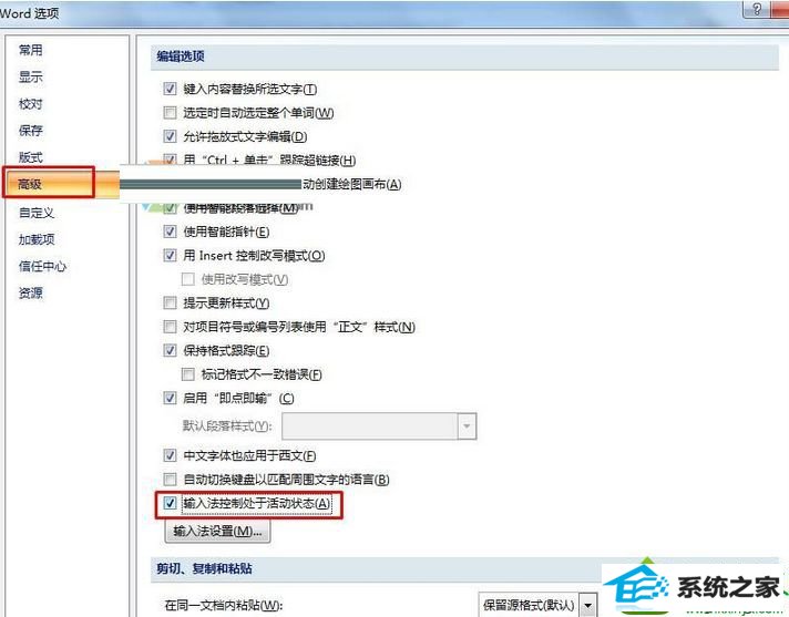 找到“输入法控制处于活动状态” win10系统使用word2007切换输入法出现卡顿的解决方法